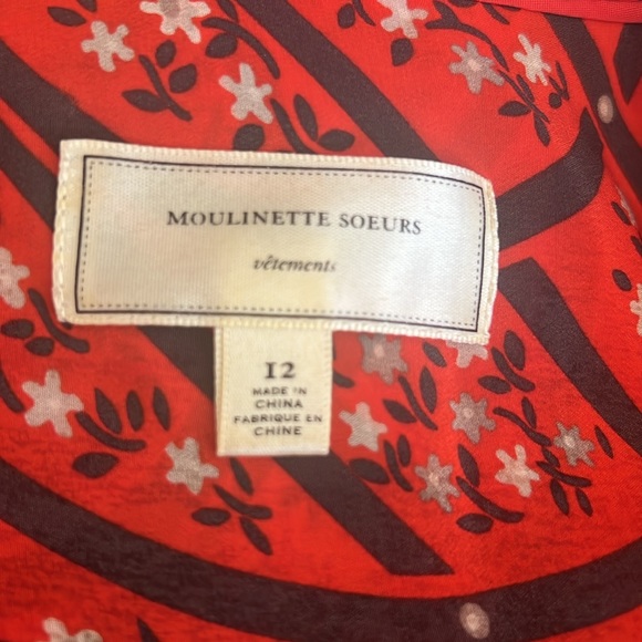 Anthropologie Moulinette Soeurs Silk Shirt Dress Button Up VNeck Size 12 Red - Picture 8 of 9